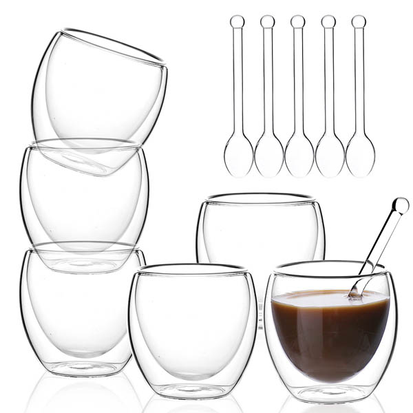 Mitcent Espresso Cups Double Wall Thermo Insulated Coffee Cups - Set of 6 Cups +6 Spoons 